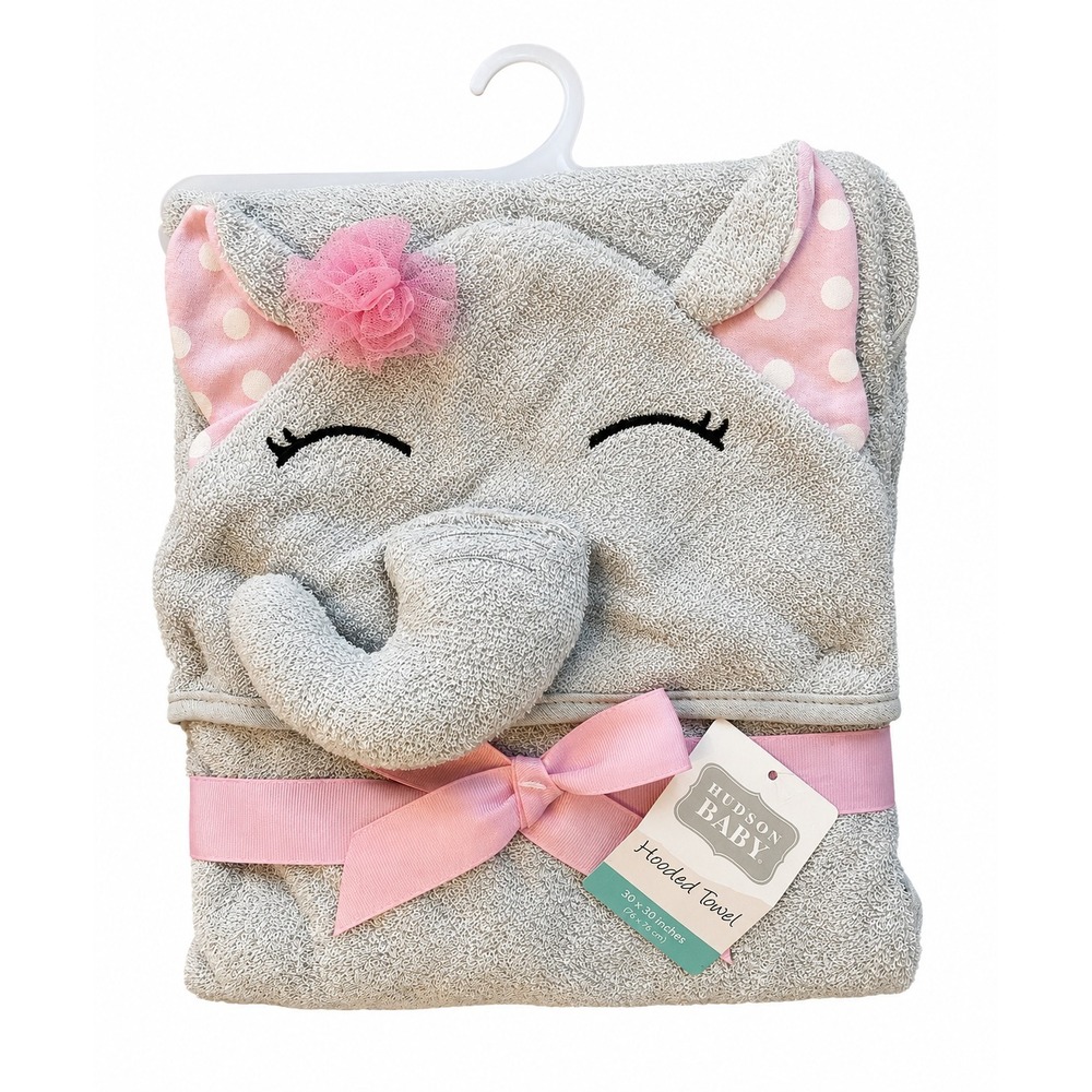 HUDSON BABY Gray Elephant Hooded Bath Towel Pink Bow 33x33" 100% Cotton NWT